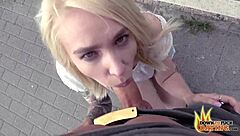 Petite teen Arteya gets fucked in public and swallows cum!