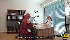 Loan4k redhead with big tits jumps on dick in office