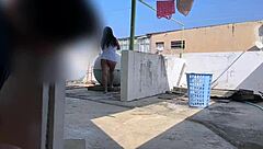 I spy on my busty teen neighbor deepthroating and getting fucked doggystyle while hanging clothes.