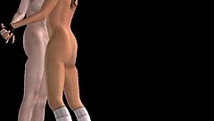 Two Cute Girls in 3D Cartoon Lesbian Porn Lick Pussy and Have Sex with Strapon in Standing Position