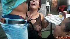 Lucky guy gets triple blowjob at the party