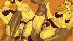 vintage erotic illustration of antique hentai cartoon in retro style.