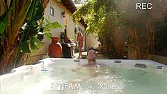 does polite step sister give a hot tub hand job?