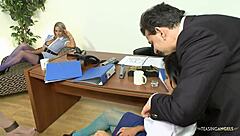 Blonde lesbians lick and suck cocks at work for horny couple