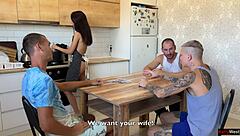 Husband SHARES wife with FRIENDS for BLOWBANG on countertop