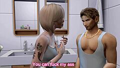 Blonde bent over in rough doggystyle home fuck, 3D Sims animation with oral and cum