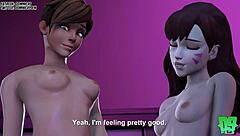 Dva and tracer interact with widowmaker in a game scenario