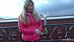 german scout talking to french curvy teen bella at street casting