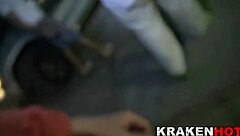 A mature woman enjoys homemade doggystyle sex in a public outdoor setting.