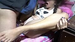 Stepsister catches me masturbating then removes the condom for creampie