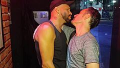 I met my gay neighbor at the orgy, chatted, then enjoyed bareback anal and blowjob at home