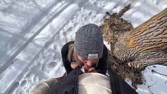 Babe with Big Natural Tits Blows in Snowy Park