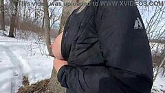 Babe with Big Natural Tits Blows in Snowy Park