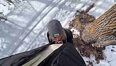 Babe with Big Natural Tits Blows in Snowy Park