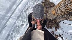 Babe with Big Natural Tits Blows in Snowy Park