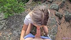 Instructor asks, 'Ready for cum extraction in the mountains?' while hiking with pretty petite girl.