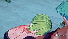 zoro and sanji share emotional beach intimacy with handjob and blowjob.