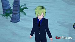 zoro and sanji share emotional beach intimacy with handjob and blowjob.