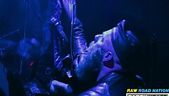 Watch these macho Germans in a rough leather threesome with bareback action