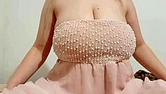 Oh, Hottie Fondles Big Breasts In Chic Dress!