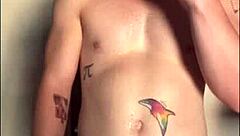 Twink jerks big cock in sunlight, contrasting innocence and lust.