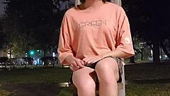 Ladyboy Tingxuan pees outdoors while masturbating with dildo under skirt