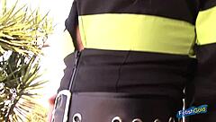 Naughty Female Firefighter Undresses And Fingers Shaved Pussy Outdoor.