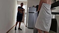 Young European teen interacts with the Spanish pizza delivery guy