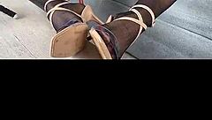 kenia teases in black stockings and red satin dress