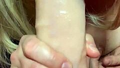 Slut wife sucks and tit fucks big dildo