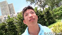 Blindfolded stud tricked by homosexual hunk into oral sex