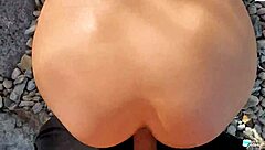 Blonde amateur gives blowjob and doggystyle fuck on public beach pov