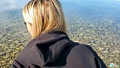 Blonde amateur gives blowjob and doggystyle fuck on public beach pov