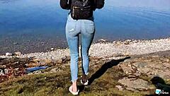 Blonde amateur gives blowjob and doggystyle fuck on public beach pov