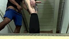 Twink rides monster cock on emergency stairs!