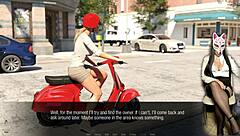 long legs wrap old dude's crotch in anime cosplay