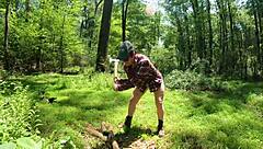 pawg lumberjack strips naked in the forest