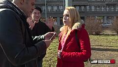 Beautiful rebeca sharon gives deepthroat blowjob and handjob to monster cock before cumshot on big ass in public