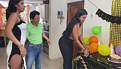 celebrating birthday with homemade threesome blowjob and ass play with two beautiful women