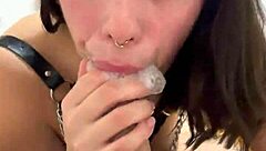 She greedily sucks my dick, then fucks me until I empty my balls in a throatpie cumshot.