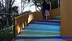 blonde girl gives pussy to masturbator in square