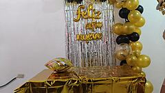 Hot busty executive with shaved pussy fantasizes about sex at New Year work celebration.