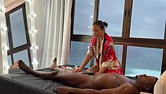 Asian masseuse Lina Nakamura can't resist big black cock during massage!