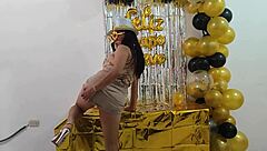 Hot busty executive with shaved pussy fantasizes about sex at New Year work celebration.