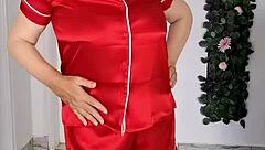 Stepmom seduce stepson by striptease do blowjob and get cumshot to huge boobs