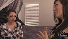 brunette sinn sage fucks lily labeau with strap-on cock