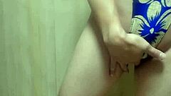 Gorgeous gold leotard long anal plug training session