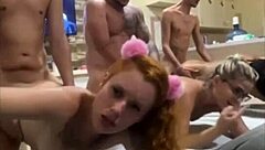 Three cute redhead teens and a wife engage in a wild FFM threesome on the sofa, with doggystyle and monster cocks