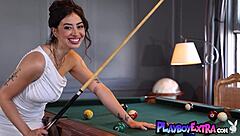 Teen Chloe Surreal feels excited revealing her huge natural tits on the pool table