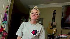 petite inked blonde rubs juicy titties and finger fucks twat